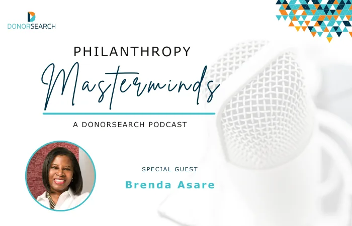 Microphone in the background with a profile picture of Brenda Asare