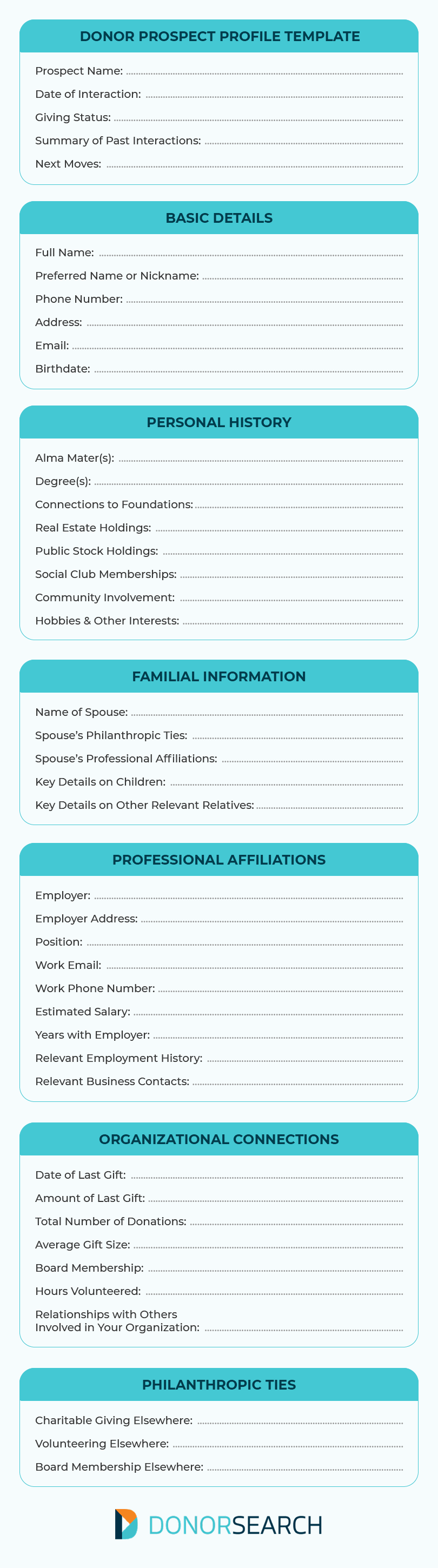 This is the full DonorSearch donor prospect profile template, which we'll walk through in the following section.