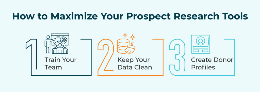 Three tips for making the most of prospect research tools, which are listed below.