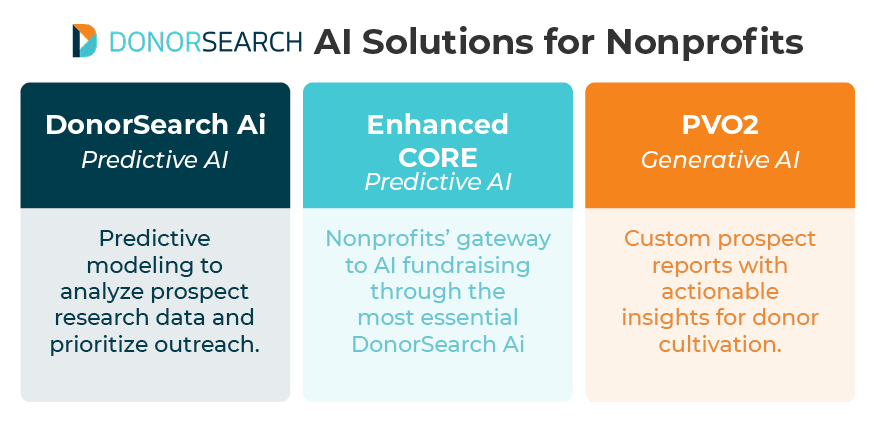 A table showing DonorSearch’s nonprofit AI offerings, which are listed below.