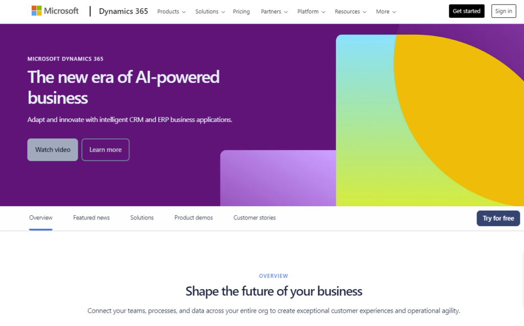 Microsoft Dynamics 365’s homepage