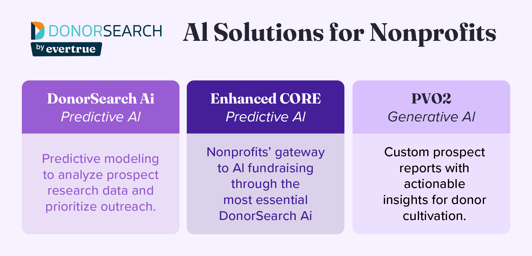 A table showing three of DonorSearch’s AI tools for nonprofits, which are listed below.