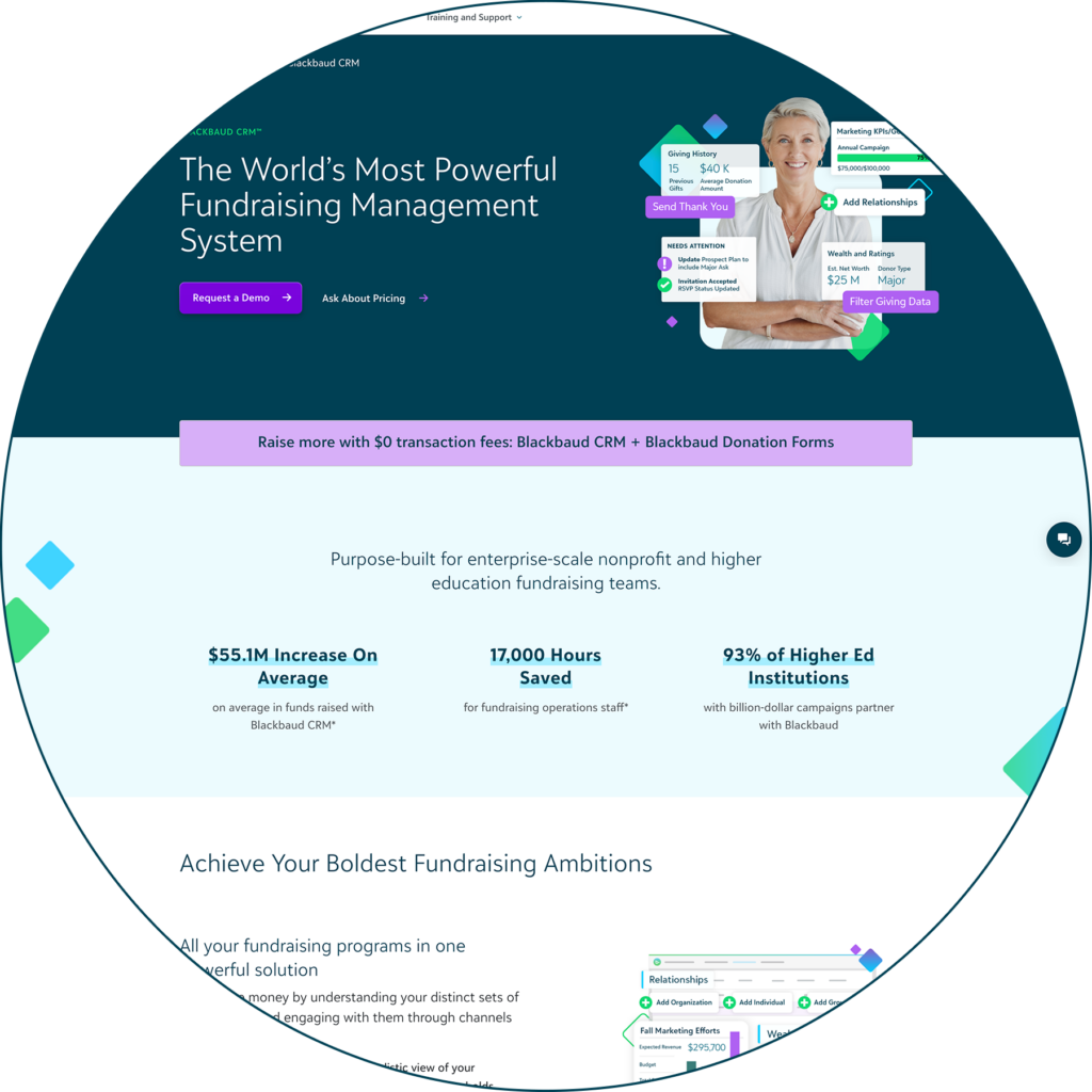 A screenshot of the Blackbaud CRM product page.