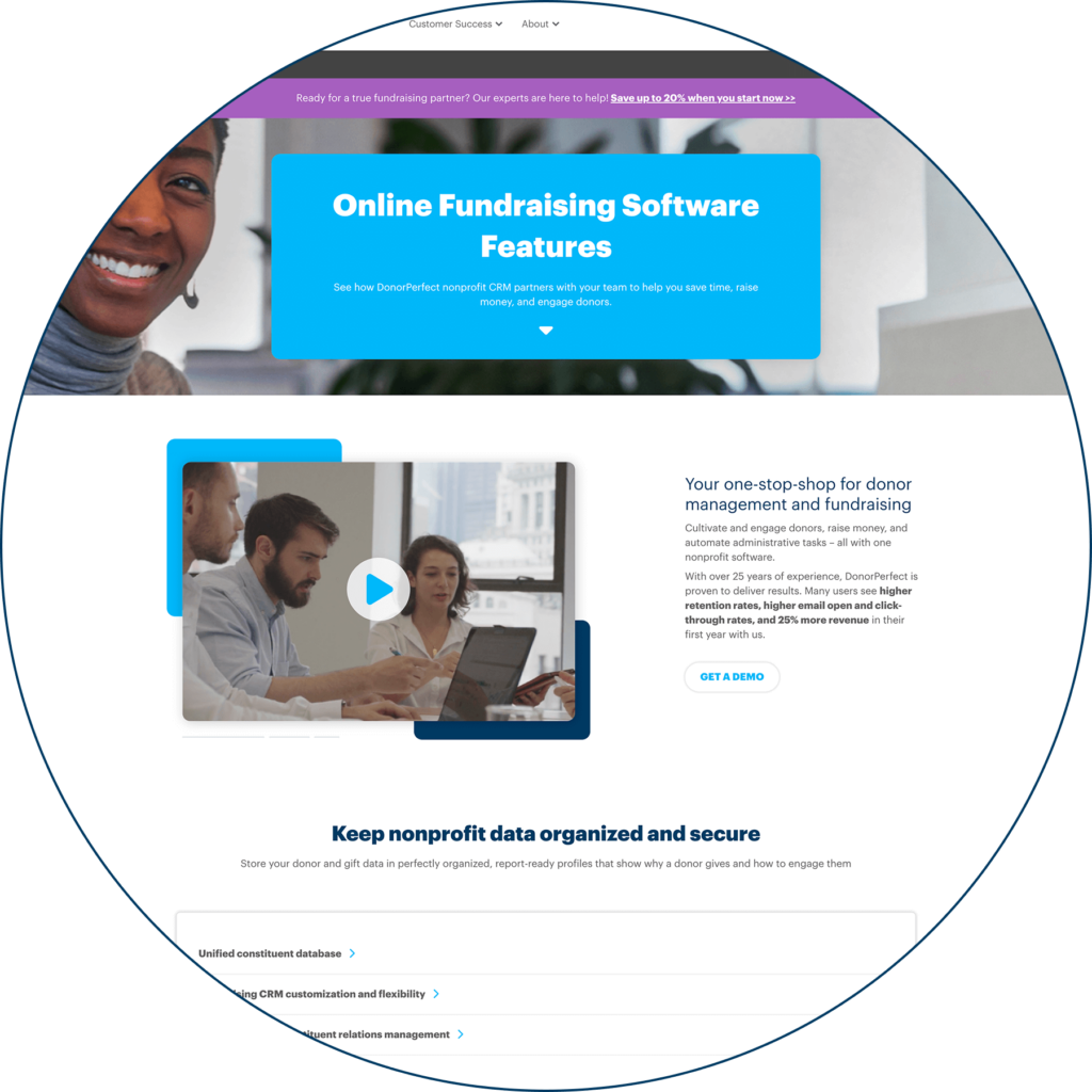 A screenshot of the DonorPerfect fundraising software product page.