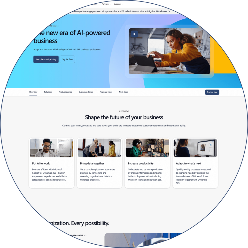 A screenshot of the Microsoft Dynamics 365 product page.