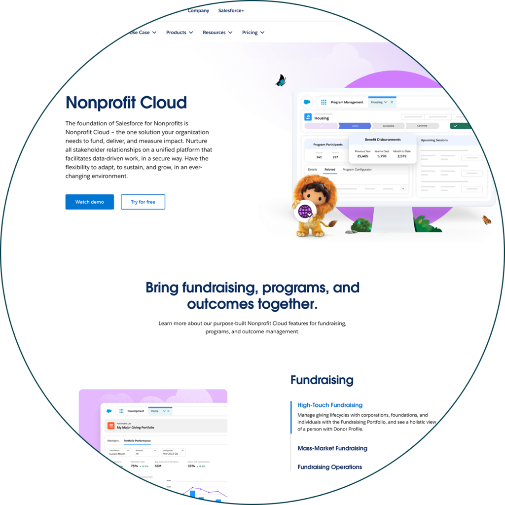 A screenshot of the Salesforce Nonprofit Cloud product page.