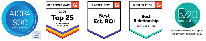A banner of five awards DonorSearch has won from AICPA, G2, and EV20 Innovative.